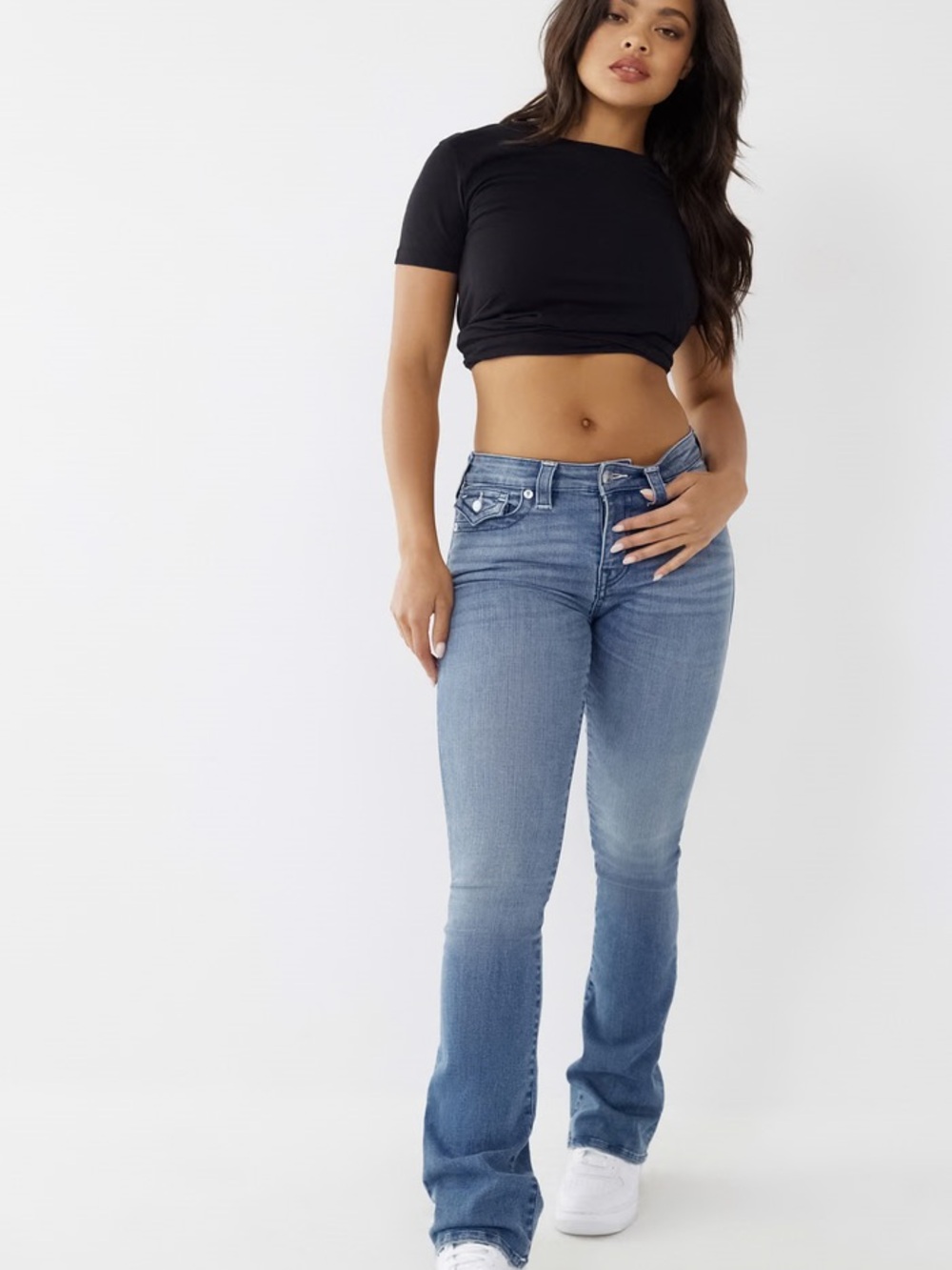 True Religion Becca mid rise boot cut jeans pink stitching